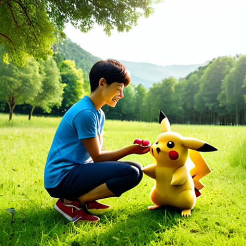 Home 4 A kind and professional young adult trainer, fully clothed in modest, appropriate attire, gently interacting with a loyal, well-formed Pikachu. The trainer is kneeling slightly, offering a berry to the Pikachu, who looks up with trust and affection. The scene is set in a lush, green meadow with soft sunlight filtering through tall trees. Perfect anatomy, correct proportions, natural pose, well-formed hands, proper finger count, natural body proportions. The atmosphere is peaceful and heartwarming, emphasizing companionship and silent understanding. Safe for work, appropriate content, fully clothed, family-friendly, professional photography, high quality, studio lighting.