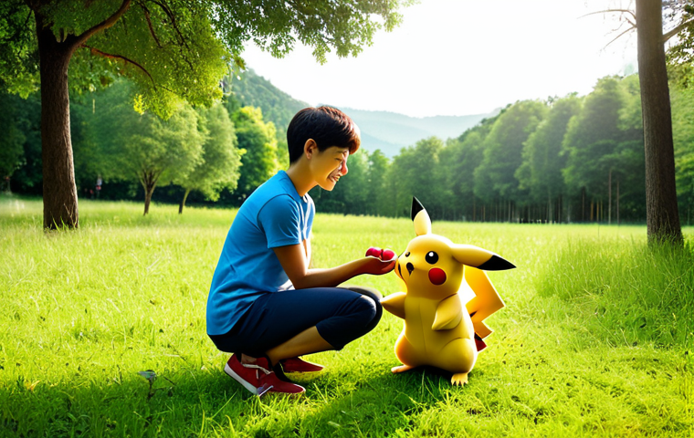 A kind and professional young adult trainer, fully clothed in modest, appropriate attire, gently interacting with a loyal, well-formed Pikachu. The trainer is kneeling slightly, offering a berry to the Pikachu, who looks up with trust and affection. The scene is set in a lush, green meadow with soft sunlight filtering through tall trees. Perfect anatomy, correct proportions, natural pose, well-formed hands, proper finger count, natural body proportions. The atmosphere is peaceful and heartwarming, emphasizing companionship and silent understanding. Safe for work, appropriate content, fully clothed, family-friendly, professional photography, high quality, studio lighting.