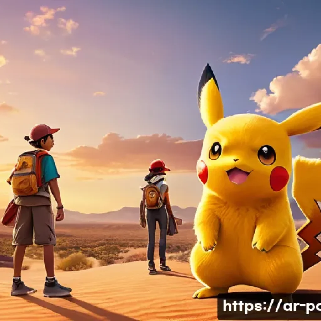 애니 속 포켓몬 진화의 상징적 장면들 - A dynamic scene of a young Pokémon evolving amid glowing, vibrant energy bursts in a mystical desert...