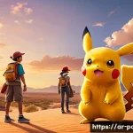 애니 속 포켓몬 진화의 상징적 장면들 - A dynamic scene of a young Pokémon evolving amid glowing, vibrant energy bursts in a mystical desert...