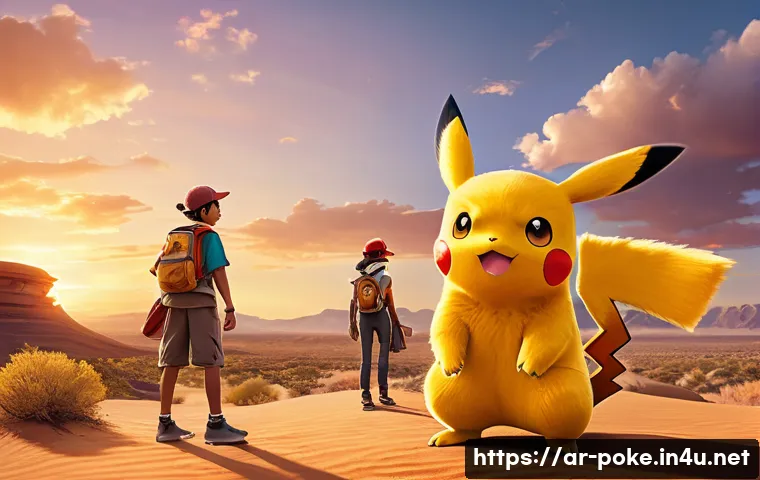 애니 속 포켓몬 진화의 상징적 장면들 - A dynamic scene of a young Pokémon evolving amid glowing, vibrant energy bursts in a mystical desert...