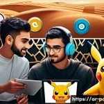 포켓몬스터 애니의 팬덤과 커뮤니티 - A vibrant digital art scene showing a diverse group of Arabic-speaking Pokémon fans engaging in an o...