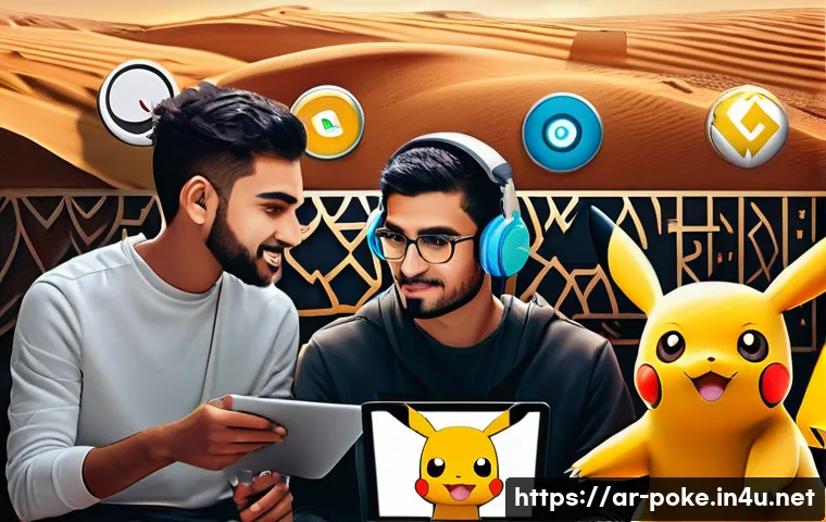 포켓몬스터 애니의 팬덤과 커뮤니티 - A vibrant digital art scene showing a diverse group of Arabic-speaking Pokémon fans engaging in an o...