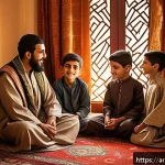 포켓몬스터 애니 속 지우의 가족 이야기 - A warm family scene set in a traditional Arab home during an evening gathering, featuring Ash as a y...