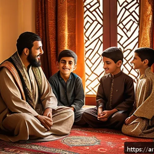 포켓몬스터 애니 속 지우의 가족 이야기 - A warm family scene set in a traditional Arab home during an evening gathering, featuring Ash as a y...