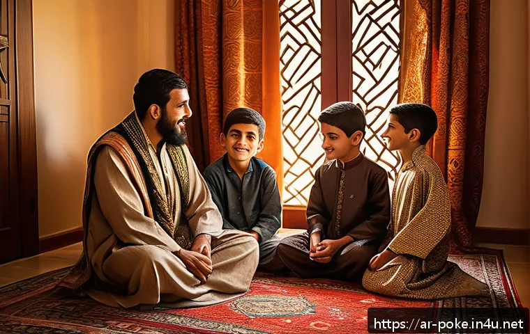 포켓몬스터 애니 속 지우의 가족 이야기 - A warm family scene set in a traditional Arab home during an evening gathering, featuring Ash as a y...